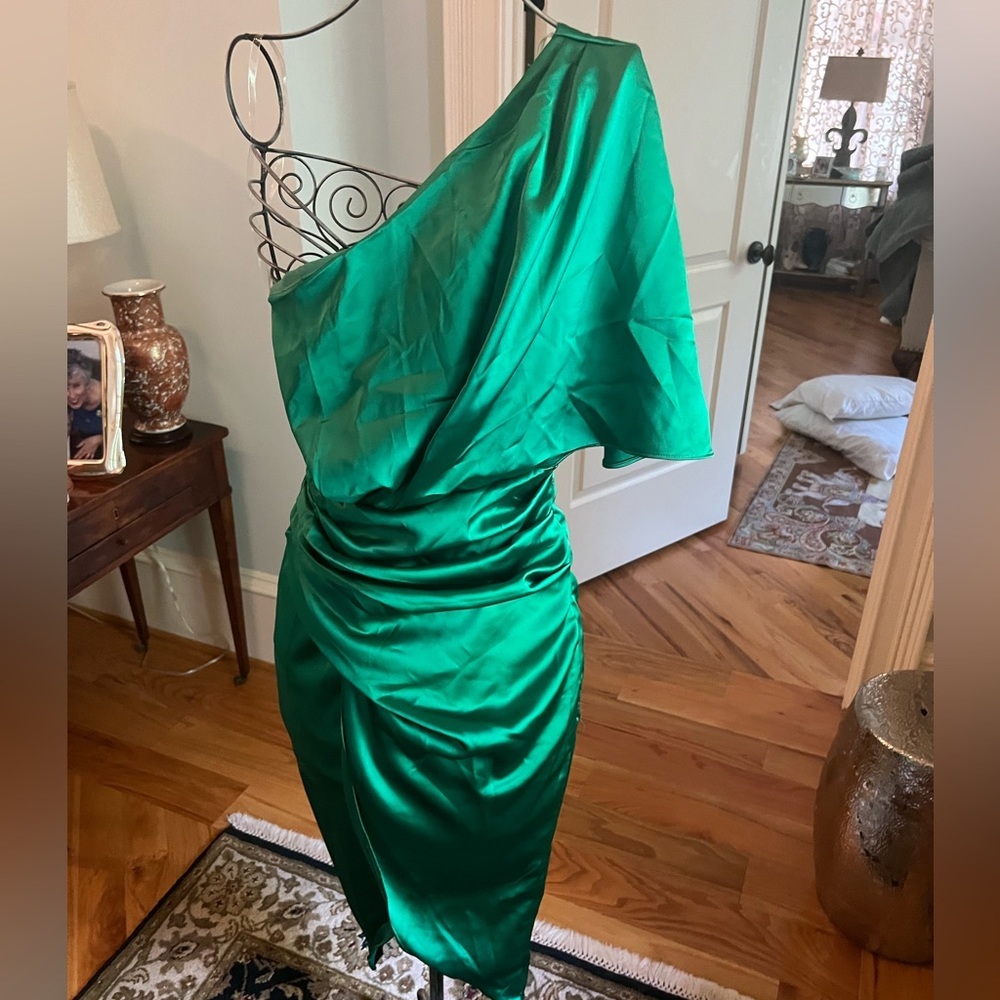 Emerald Green One Shoulder Silk Dress | Green Dress | Wedding Guest Dress - Picture 6 of 10
